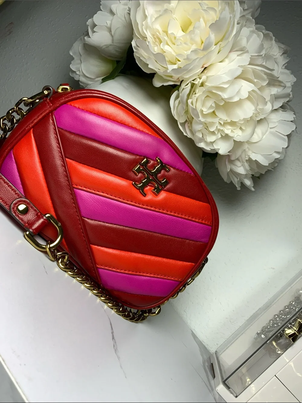Tory Burch Red, Pink & Orange Quilted Leather Crossbody Camera Bag